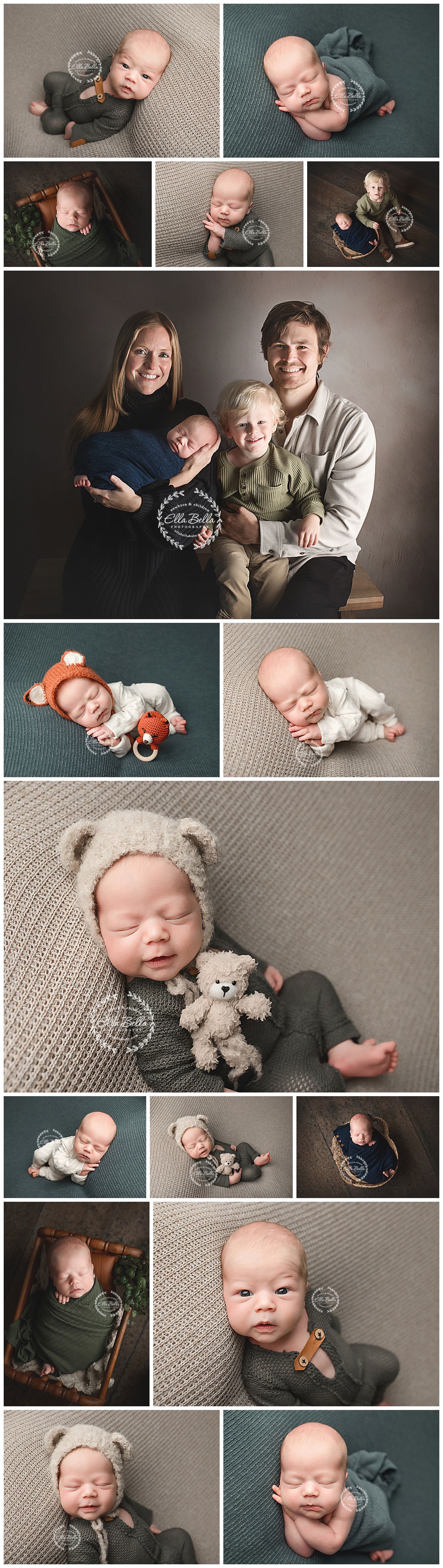 A collection of heartwarming family and newborn photography portraits featuring cozy moments on grey textiles and soft lighting.