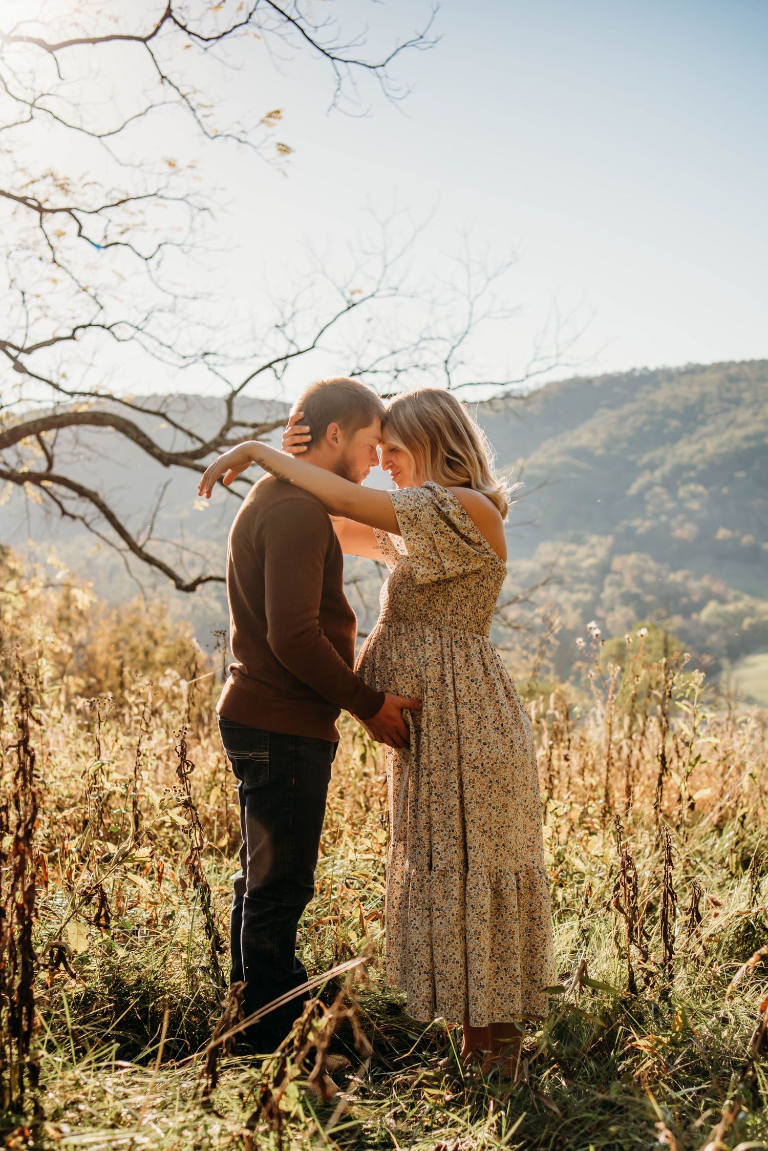A couple shares tender moments in a field during golden hour with mountains in the background.