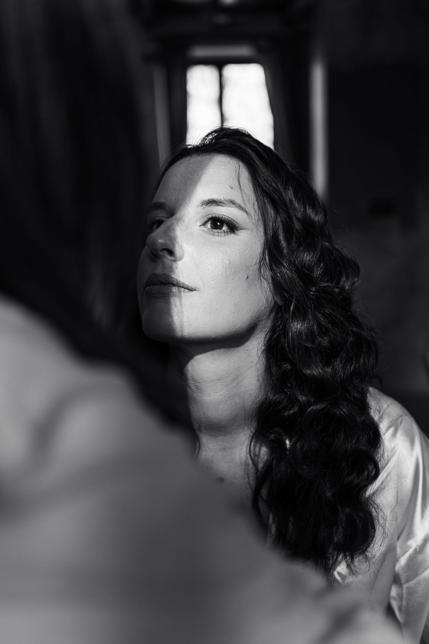 A dramatic black and white portrait of a woman with long wavy hair gazing upward in natural window light.