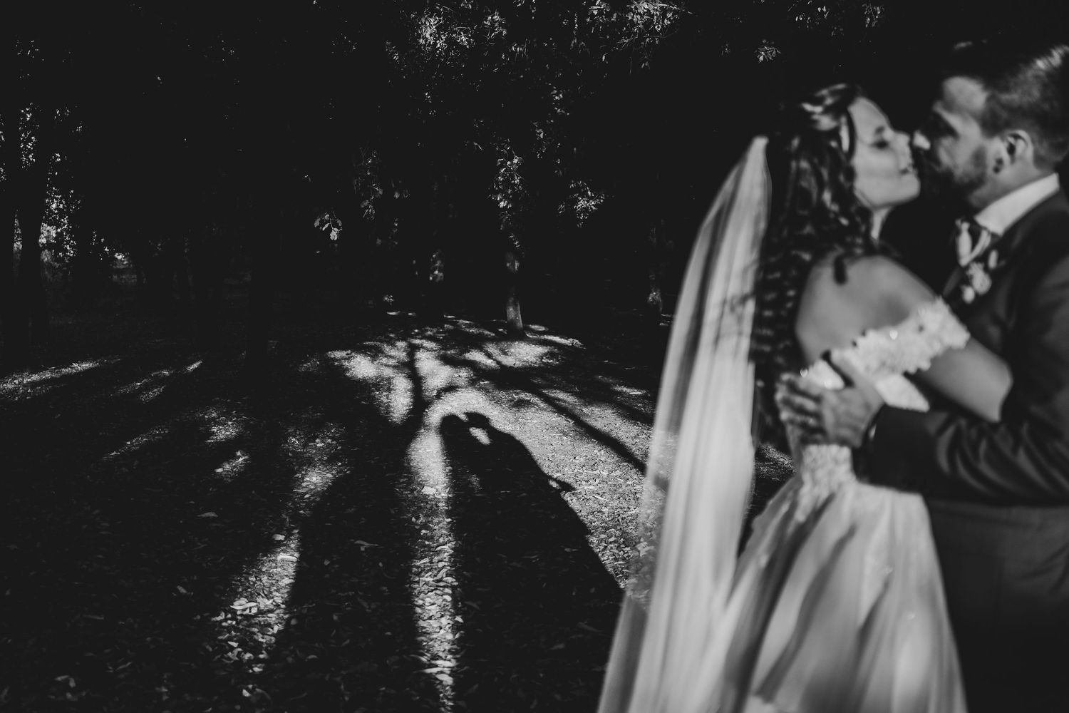 Black and white photo of newlyweds sharing an intimate moment in dappled forest light.
