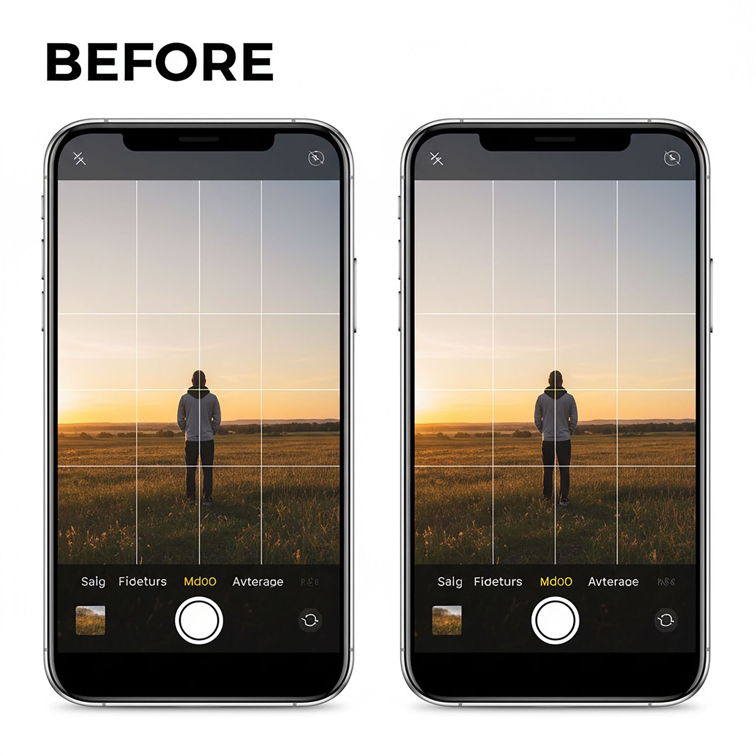 Comparison of before and after photos showing iPhone camera interface adjustments on a sunset landscape scene.