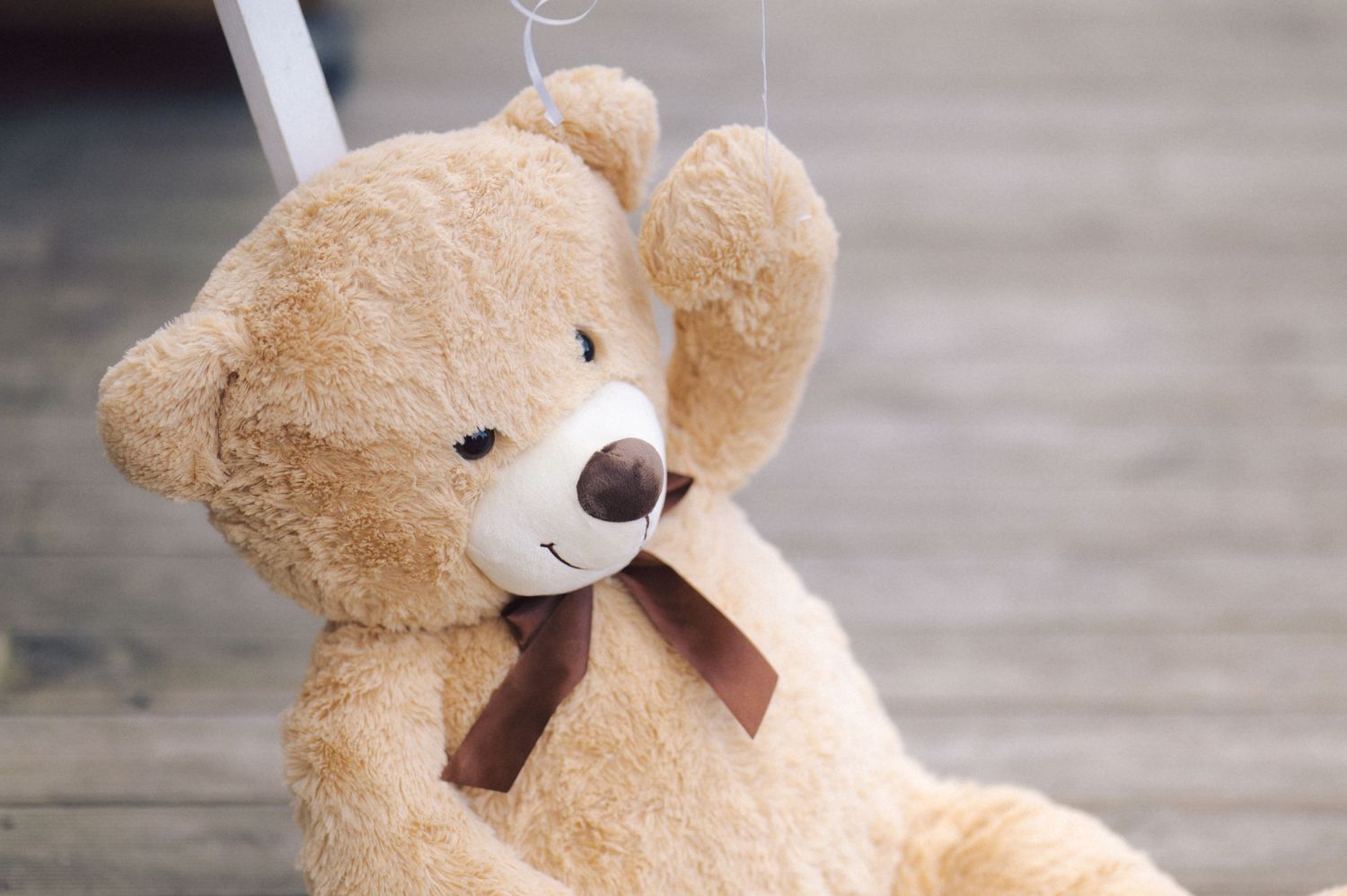 Plush teddy bear with brown ribbon bow photographed in close-up.