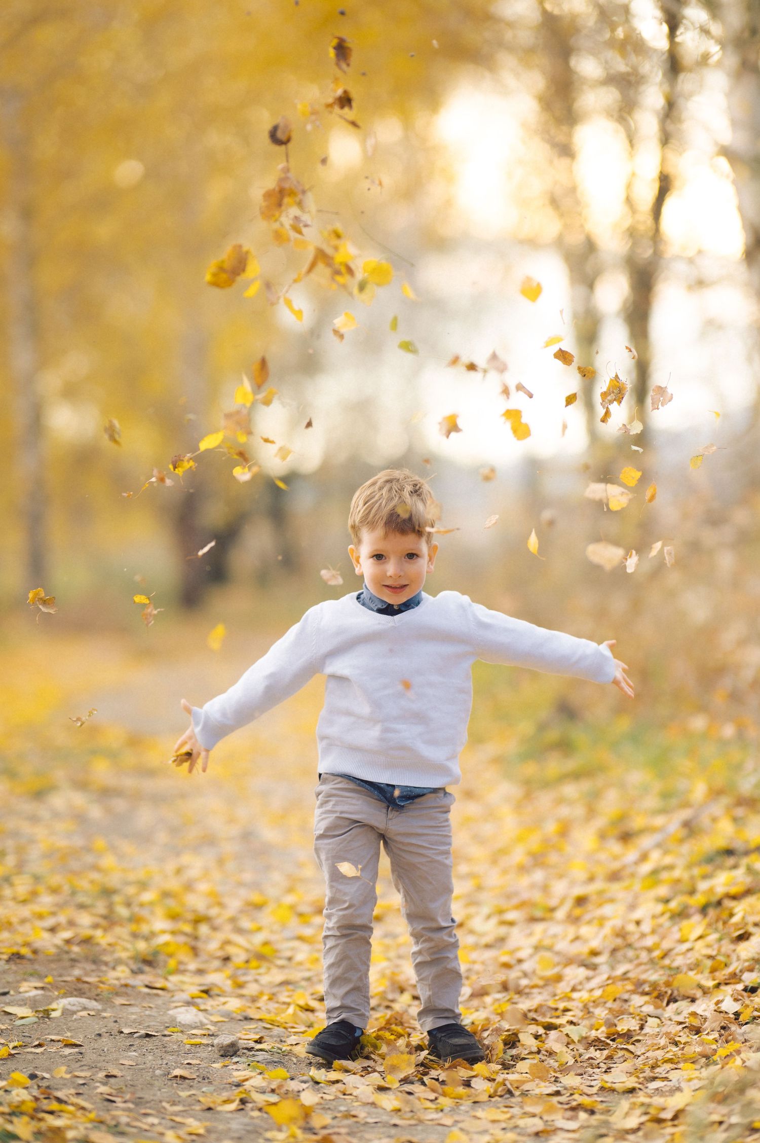 Child throws autumn leaves in the air while playing in a golden forest setting.