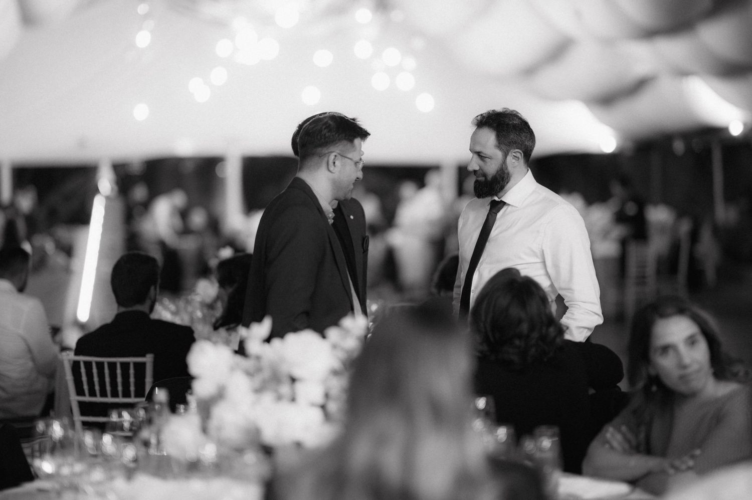 Two guests having conversation at elegant evening reception with twinkling lights.