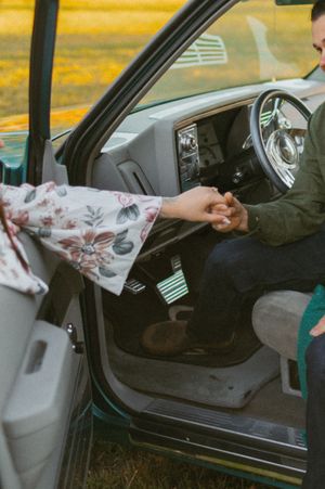 Interior shots of vintage car with floral and green accents.