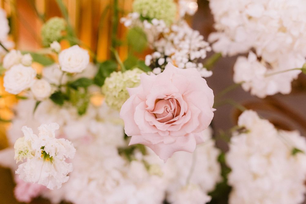 Delicate pink roses and white flowers create a romantic floral arrangement with soft bokeh effect in the background.