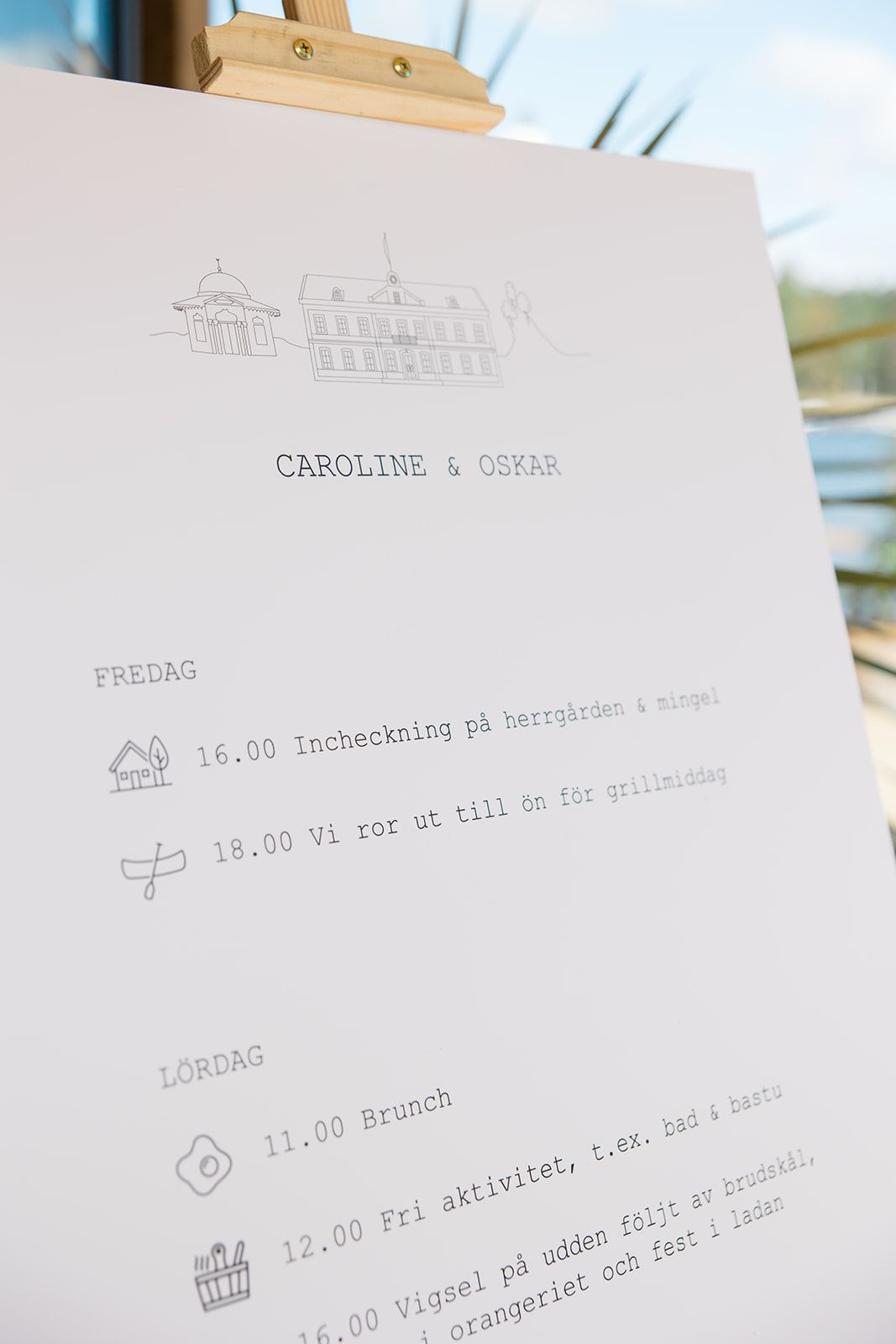 Close-up view of handwritten wedding itinerary details on white paper showing times and events.