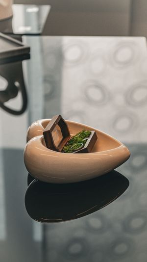 A brown ceramic dish with green garnish shown in a sequence of five angles on a reflective dark surface.