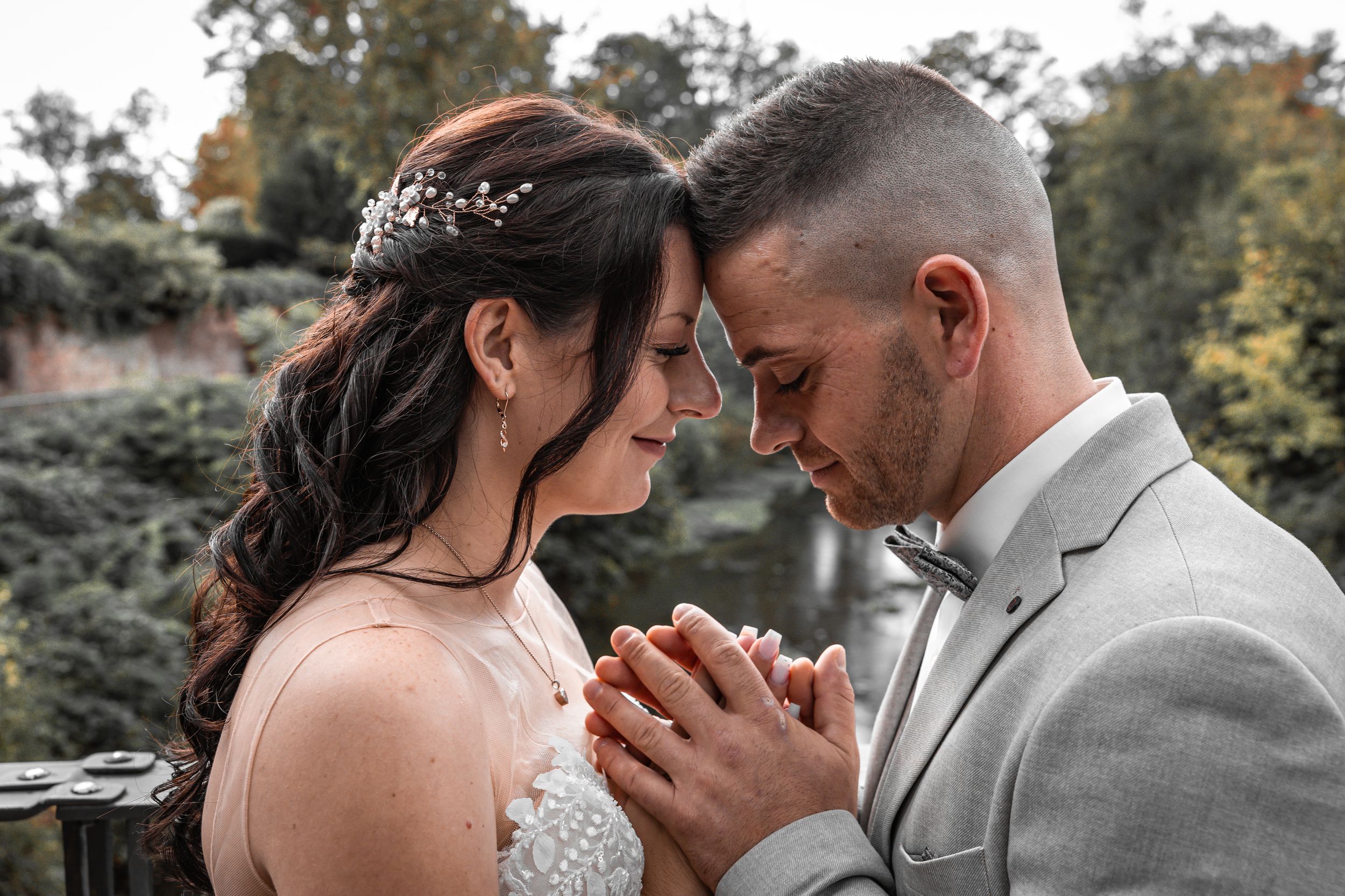 A romantic wedding photo sequence shows tender moments between a couple in formal attire outdoors.