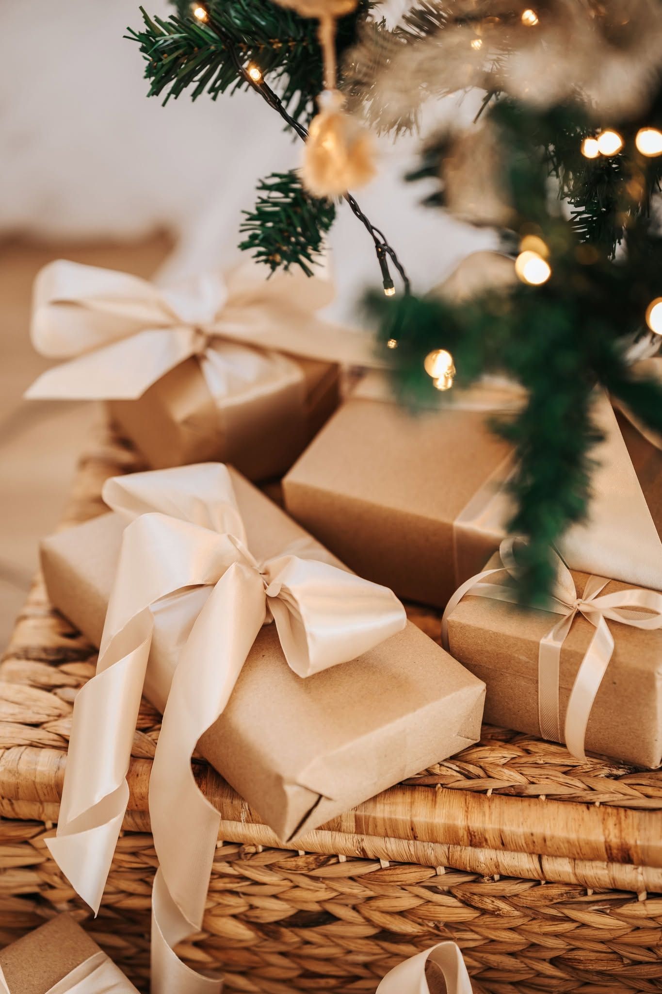 A cozy living room decorated with natural Christmas trees, beige furniture, and soft pillows in a minimalist style.