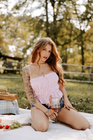 Summer picnic setup with pink ruffled top and plaid blanket against green pastoral background.