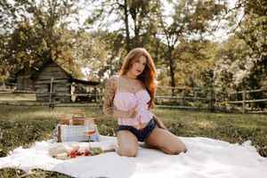 Pastoral picnic scene with white blanket and rustic wooden fence in background.