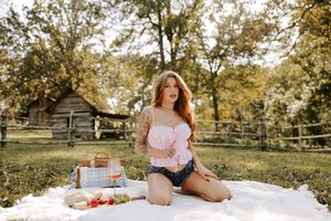 Dreamy summer picnic setup with rustic wooden fence and golden sunlight.