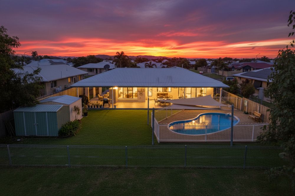 Aerial view of luxury home with swimming pool and large backyard illuminated against dramatic sunset sky.