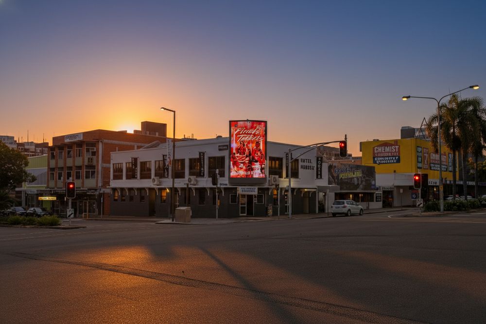 A sunset view of a commercial street corner with illuminated signage and storefronts in an urban setting.