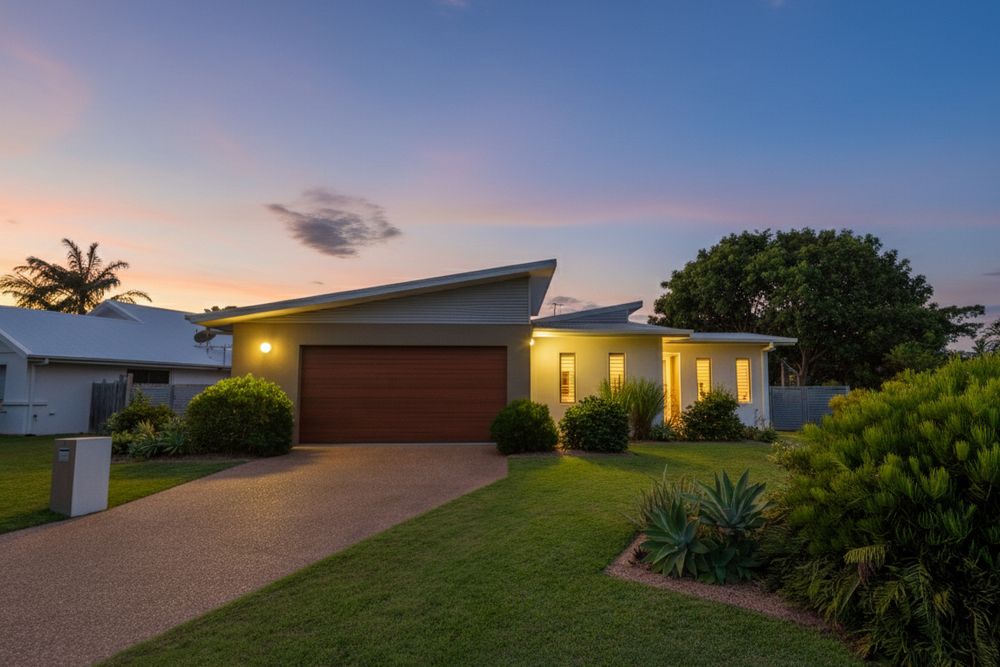 Modern single-story home with illuminated exterior and attached garage at dusk with manicured lawn and landscaping.