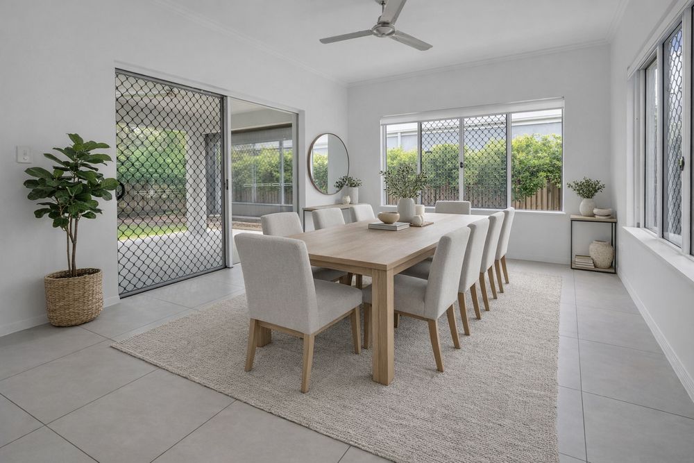 Modern dining area with white walls, wooden table and chairs, and large windows overlooking a sunny outdoor space.