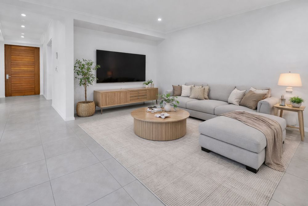Modern open concept living room with light gray carpet, white walls, and wooden accent features throughout the space.