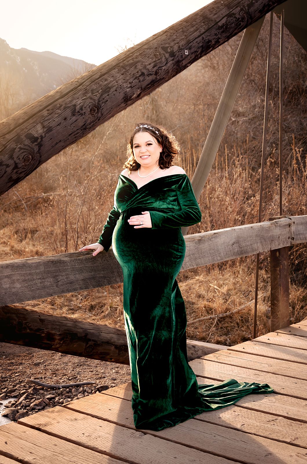 Denver maternity photography session at sunset golden hour in Eldorado Canyon, Colorado.