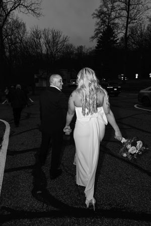 A black and white series of photos showing a couple walking away from the camera in an outdoor setting at dusk.