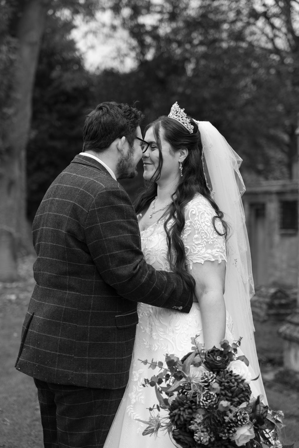 A romantic wedding sequence showing a couple in a garden setting sharing tender moments together.