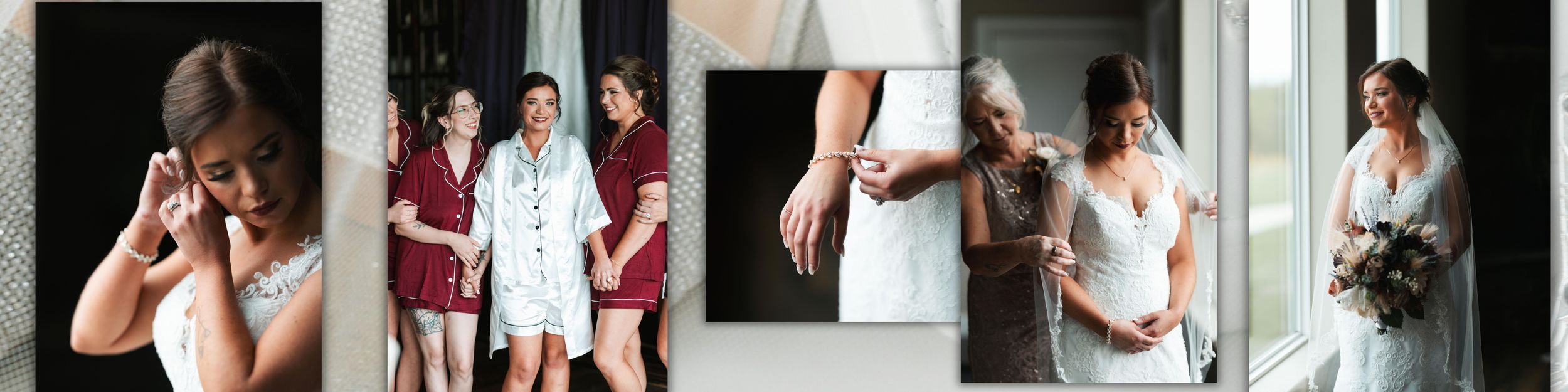 A series of candid wedding day moments showing preparations and celebrations captured in a photo collage.