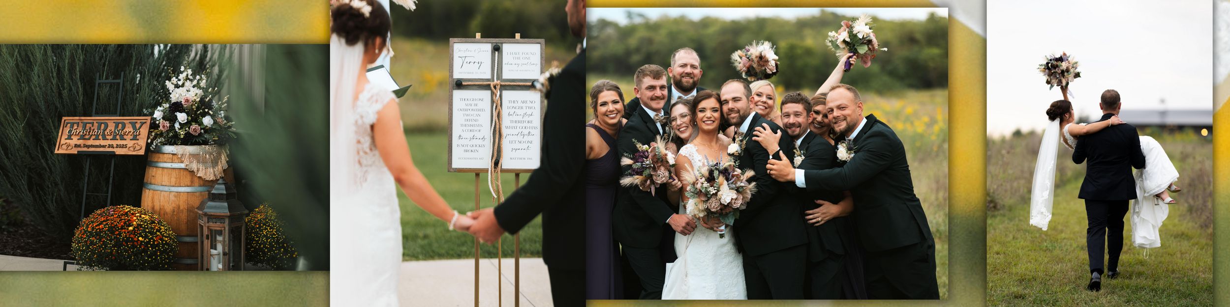 A series of three wedding photos showing outdoor jumping scenes and a celebratory group shot in warm lighting.