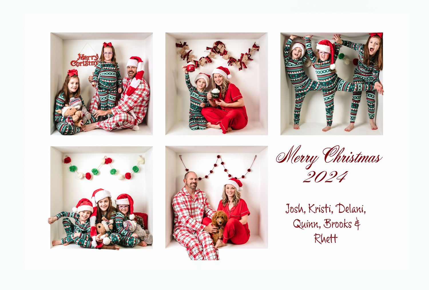 A festive holiday photo collage featuring Christmas-themed portraits with red and green decorative elements and props.