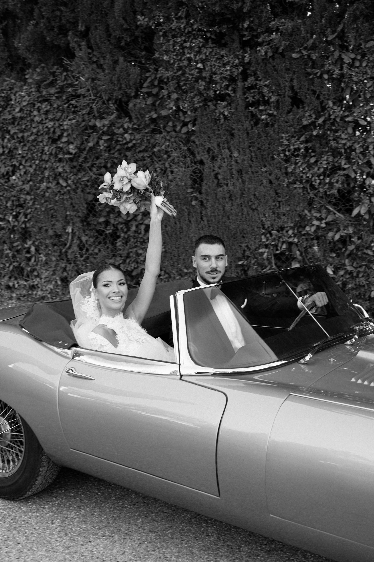 A vintage sports car approaches an elegant gated entrance with cypress trees and ornate iron gates in black and white.