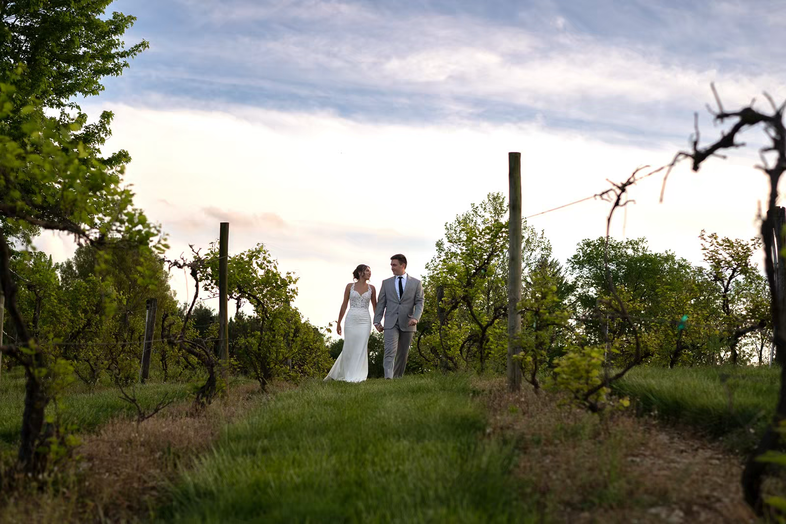 Silhouettes of people walking along a grassy hilltop trail against a cloudy sky at dusk.