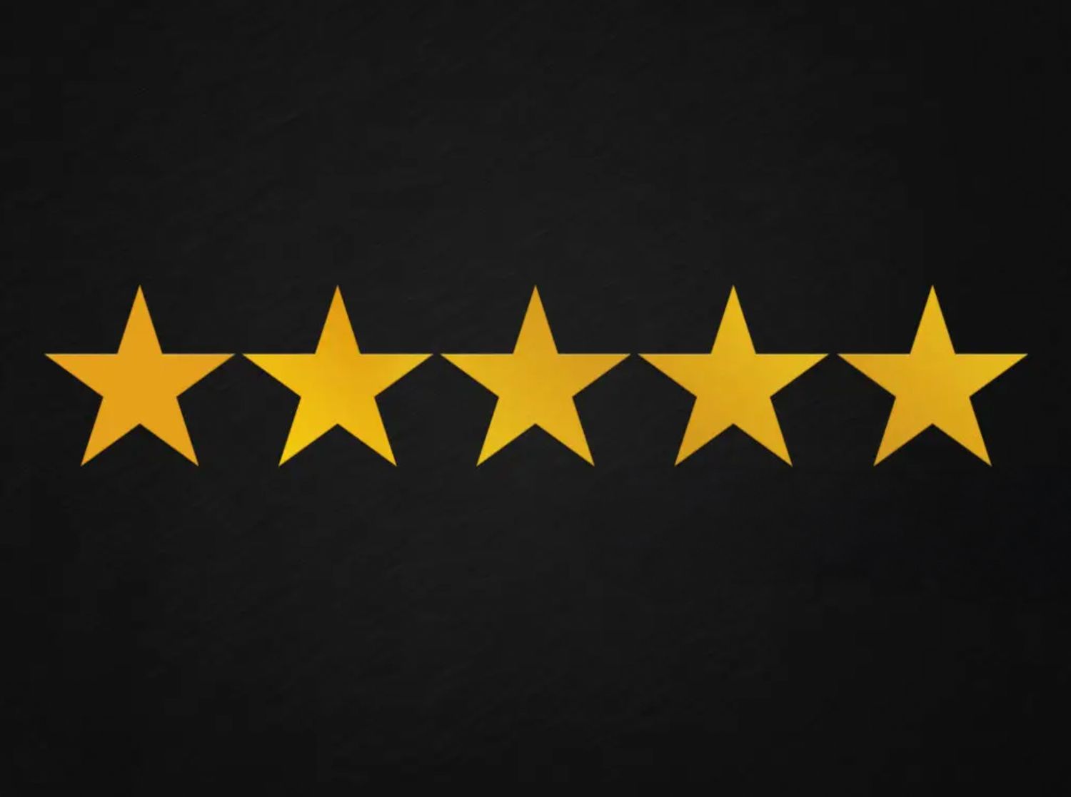 Five golden yellow stars arranged in a horizontal row against a black background demonstrate a five-star rating display.