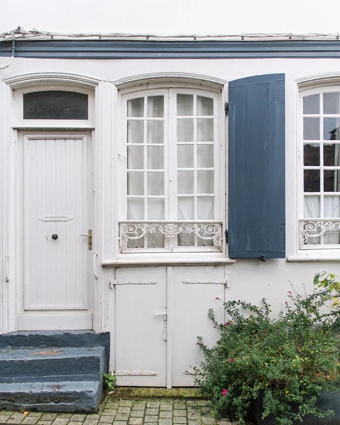 White and blue townhouse entrance with a wooden door and climbing greenery.