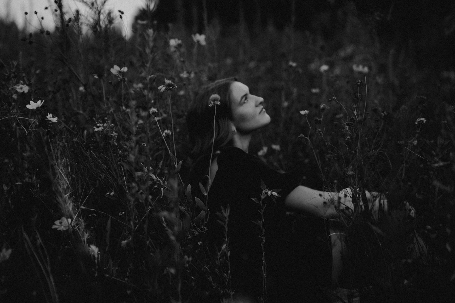 Black and white artistic portrait captured in a moody wildflower field.