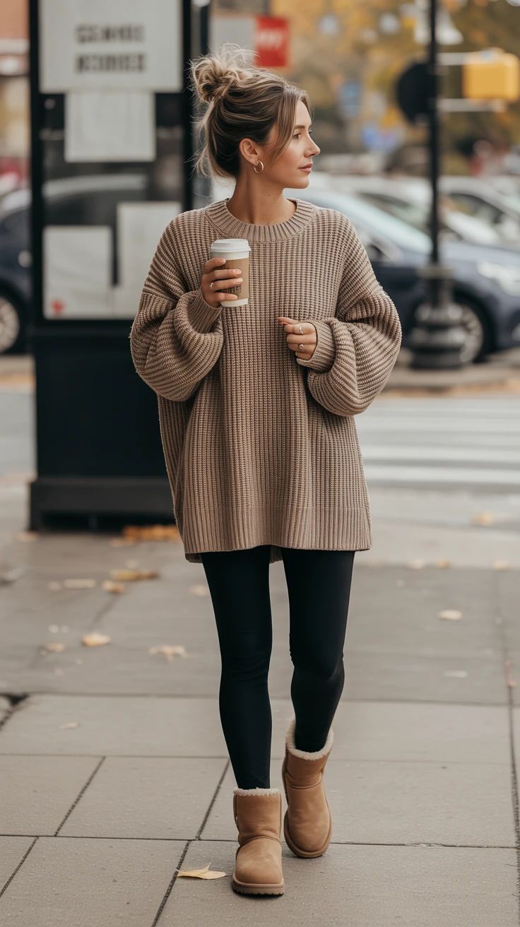 A person wearing a cozy beige sweater, black leggings and brown UGG boots walks on a city sidewalk holding coffee.