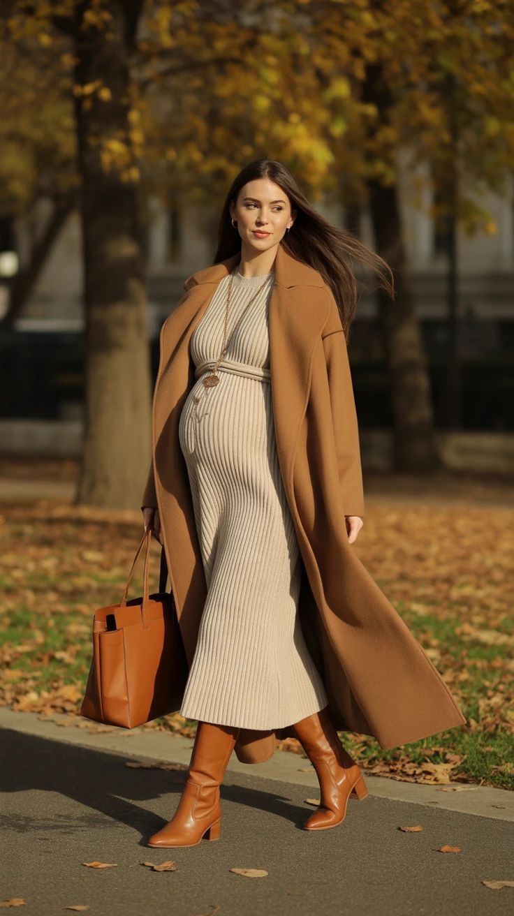 Stylish autumn outfit featuring a long camel coat, ribbed beige dress, cognac boots and matching leather tote bag.