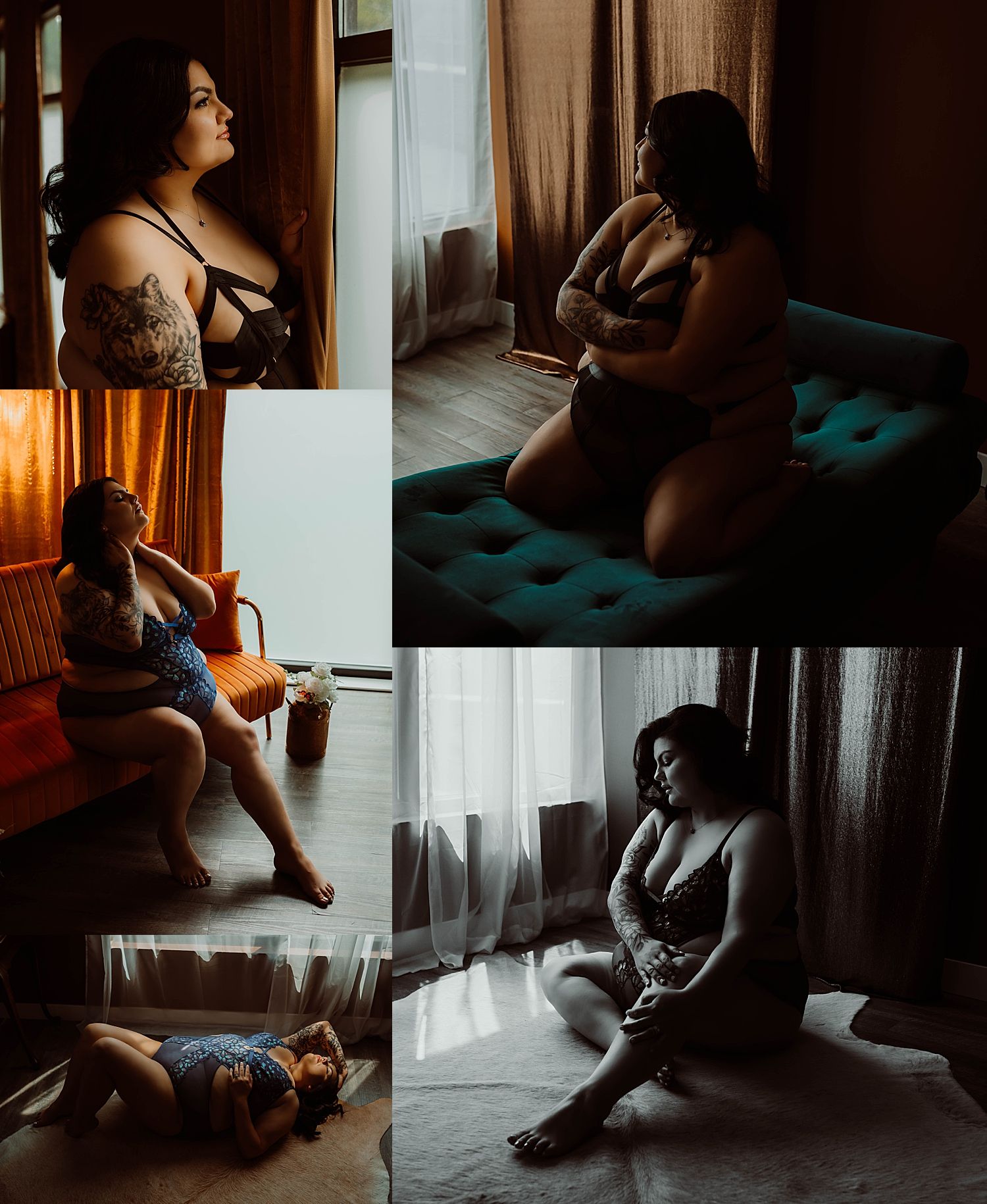 curvy woman kneels in moody lighting for unique empowering experience at studio
