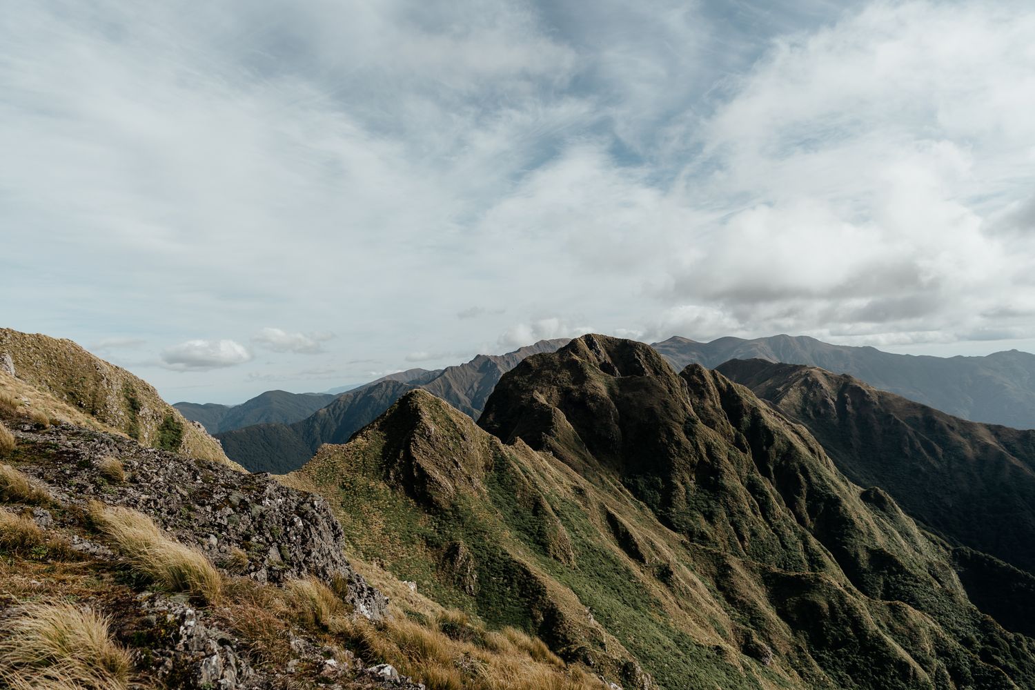 Dramatic mountain ridges stretch across the landscape of the Tararua Ranges under cloudy skies in New Zealand's Wairarapa by August and Vine