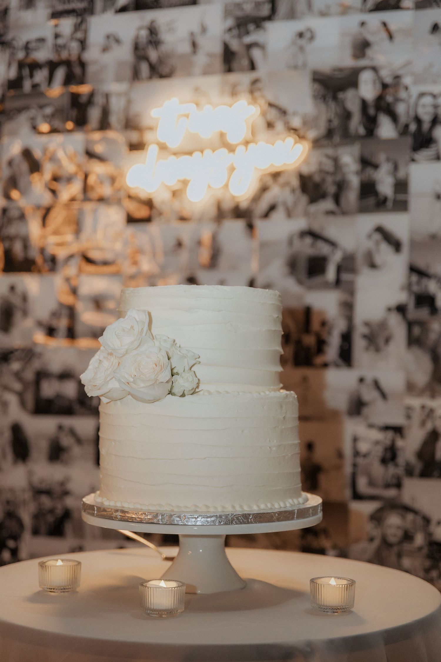 elegant classic white wedding cake at Tire Shack Brewery modern wedding photography