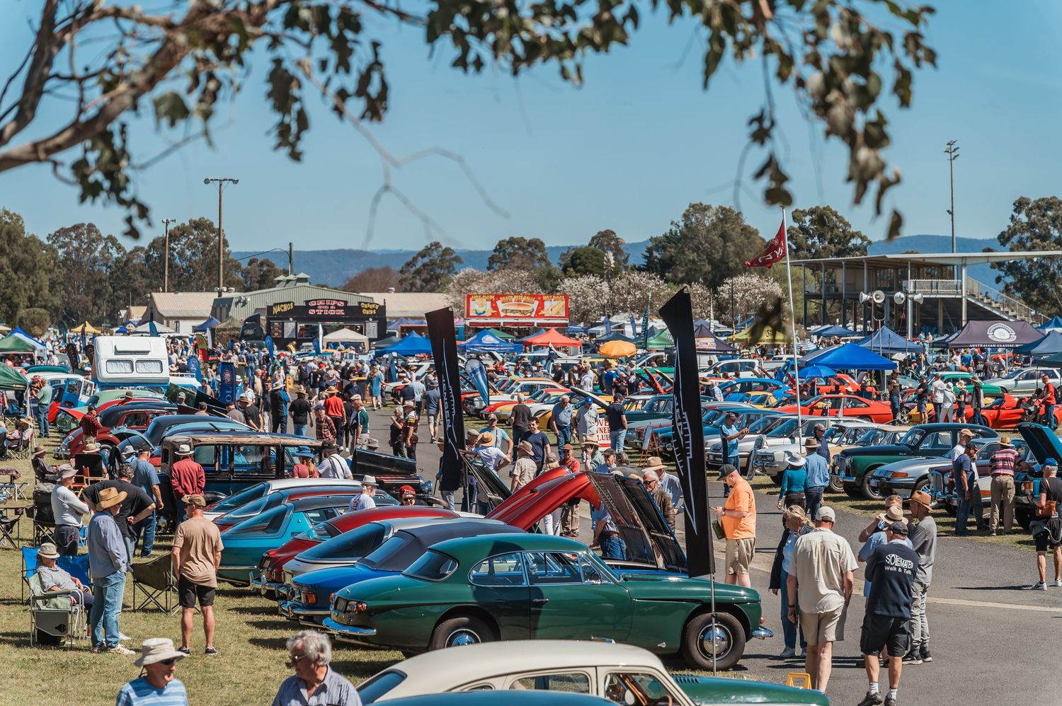 British classic car event with crowd of people at the All British Day at Hawksbury Showground in Sydney.