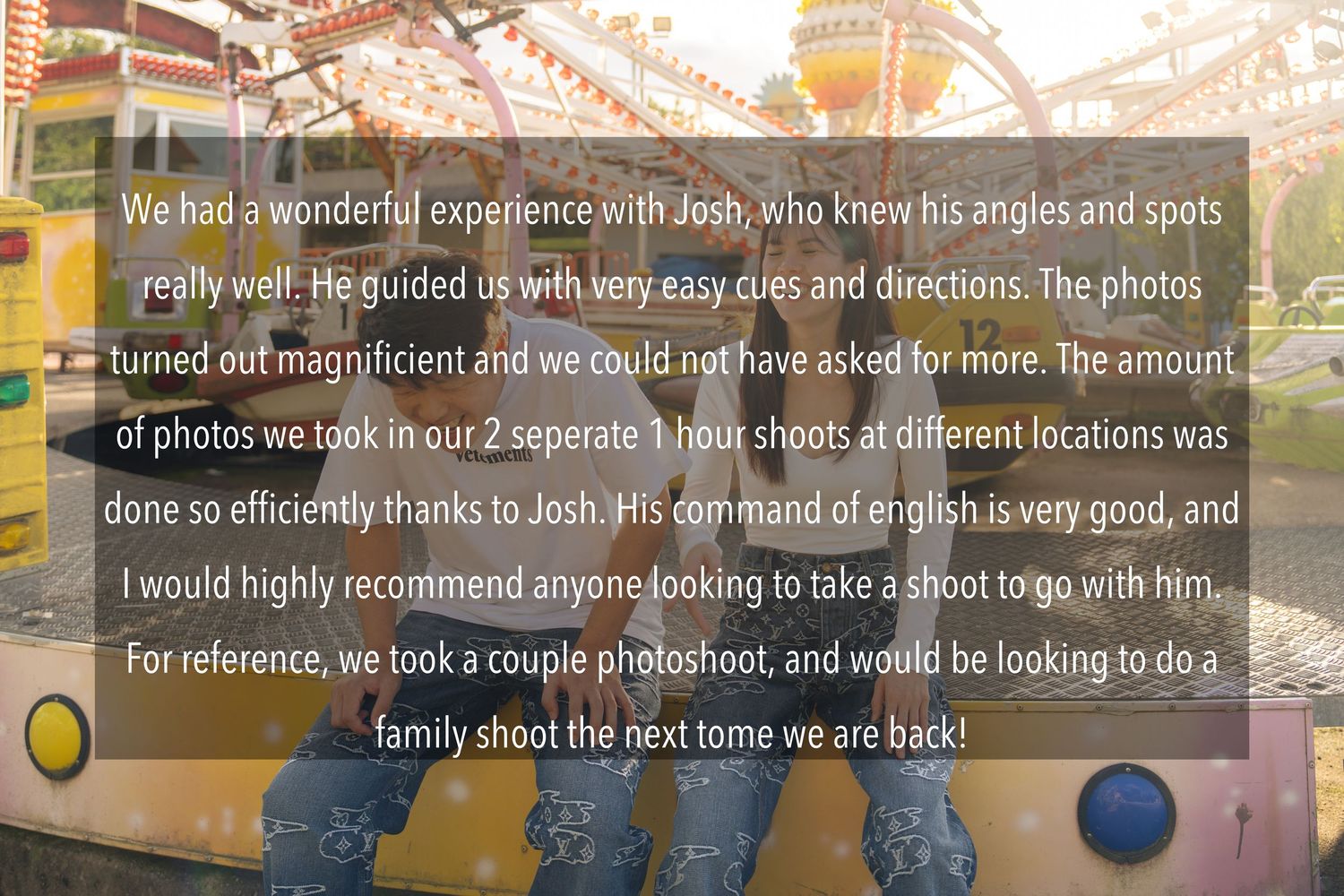 Blurry text reviews on a light colored background with blue circular elements visible at the edges.