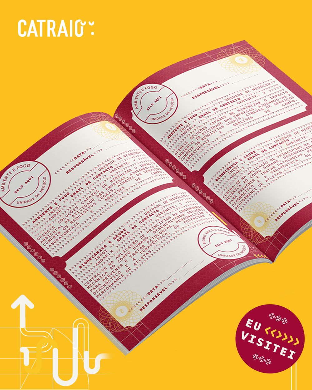 Marketing brochure design mockup with red and yellow color scheme showing multiple page spreads.