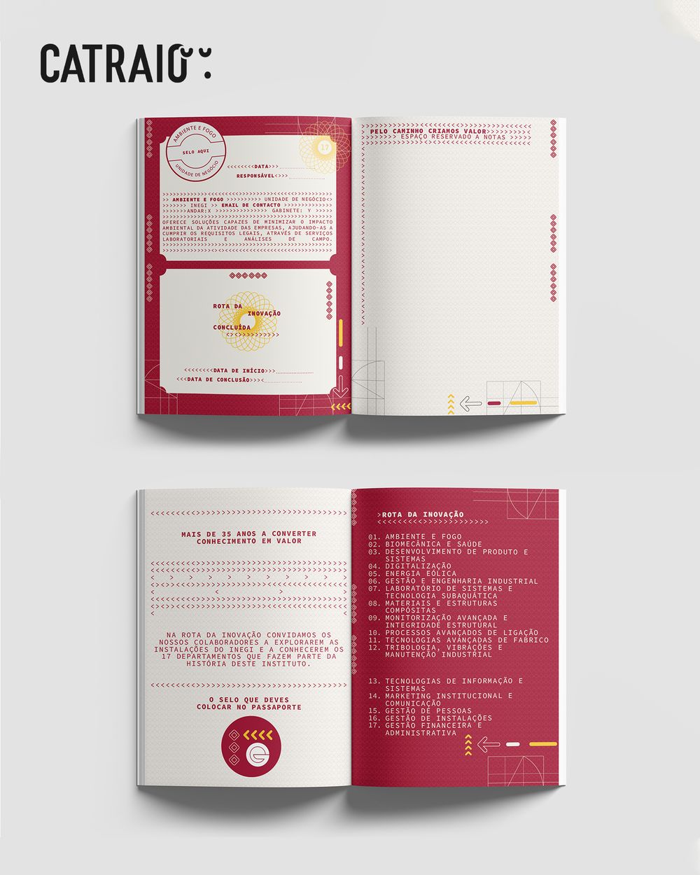 Open brochure layout displaying white and red pages with minimalist typography design.