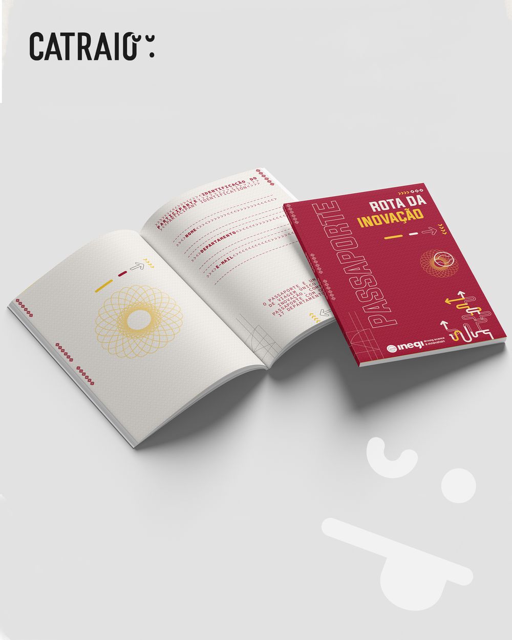 Series of white brochure mockups with red accents shown at different angles.