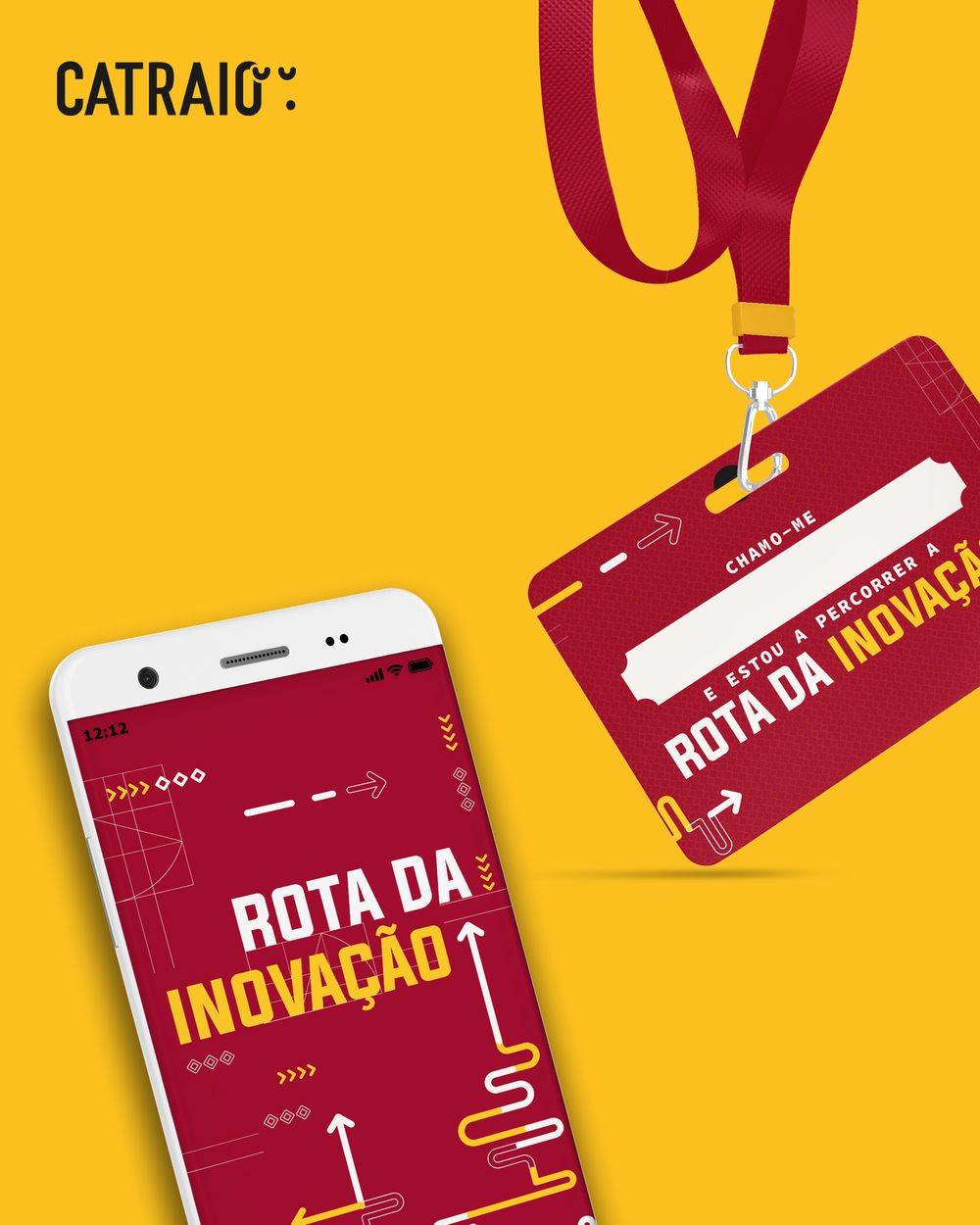 Mobile app interface design elements in red and yellow showing navigation screens.