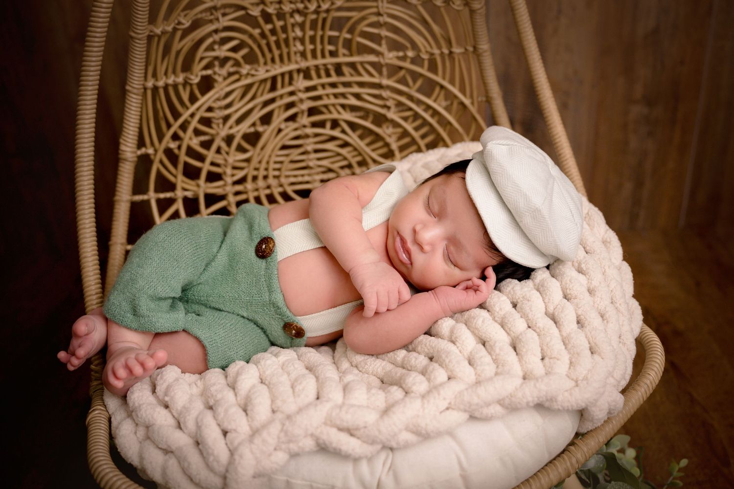 Newborn photoshoot baby from Saskatoon, wrapped baby newborn boy in neutral and natural green prop, gentleman outfit