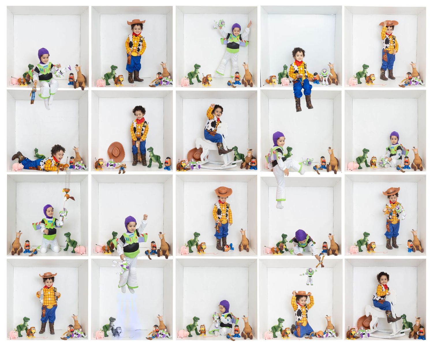 A collection of 16 photos showing Toy Story inspired cosplay with Buzz Lightyear and Woody characters against white backgrounds.