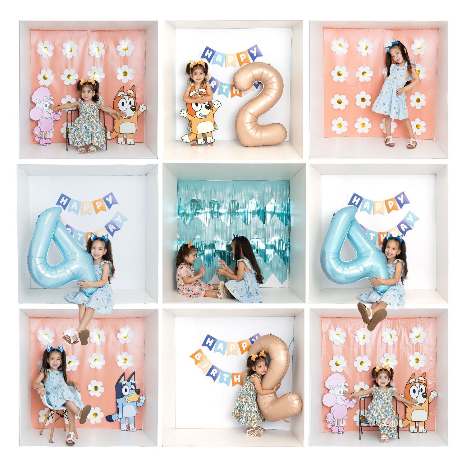 Nine photo grid of birthday portraits with bunny decorations and number backgrounds in pink and blue.