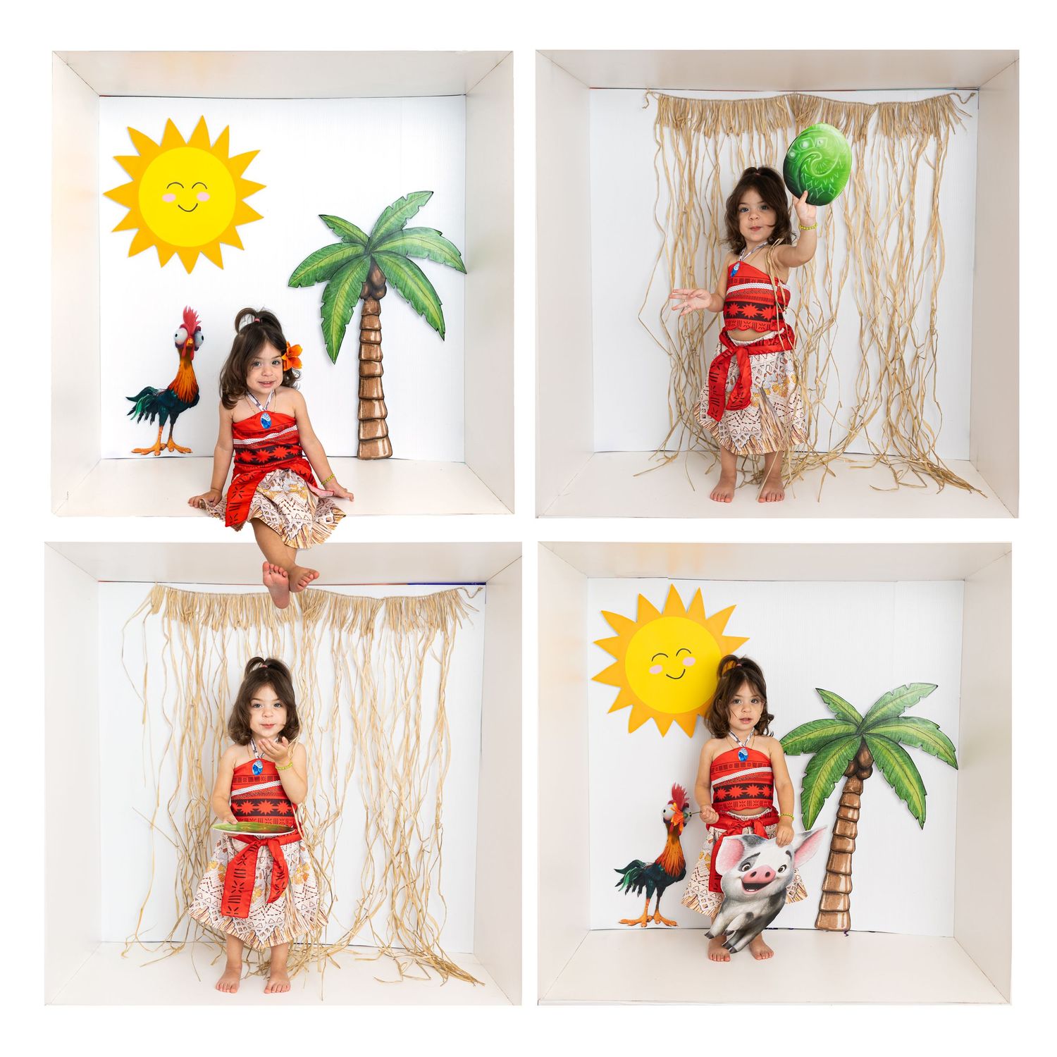 Four photo collage of tropical themed photos with palm tree, rooster, and grass skirt decorations.