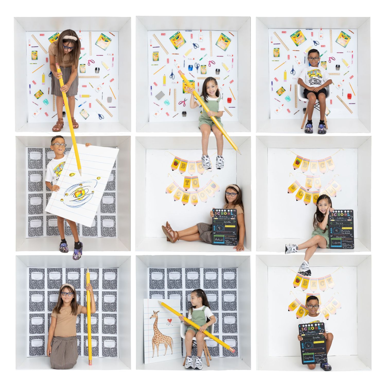 Nine photo grid showing back to school themed portraits with giraffe and classroom decorations.