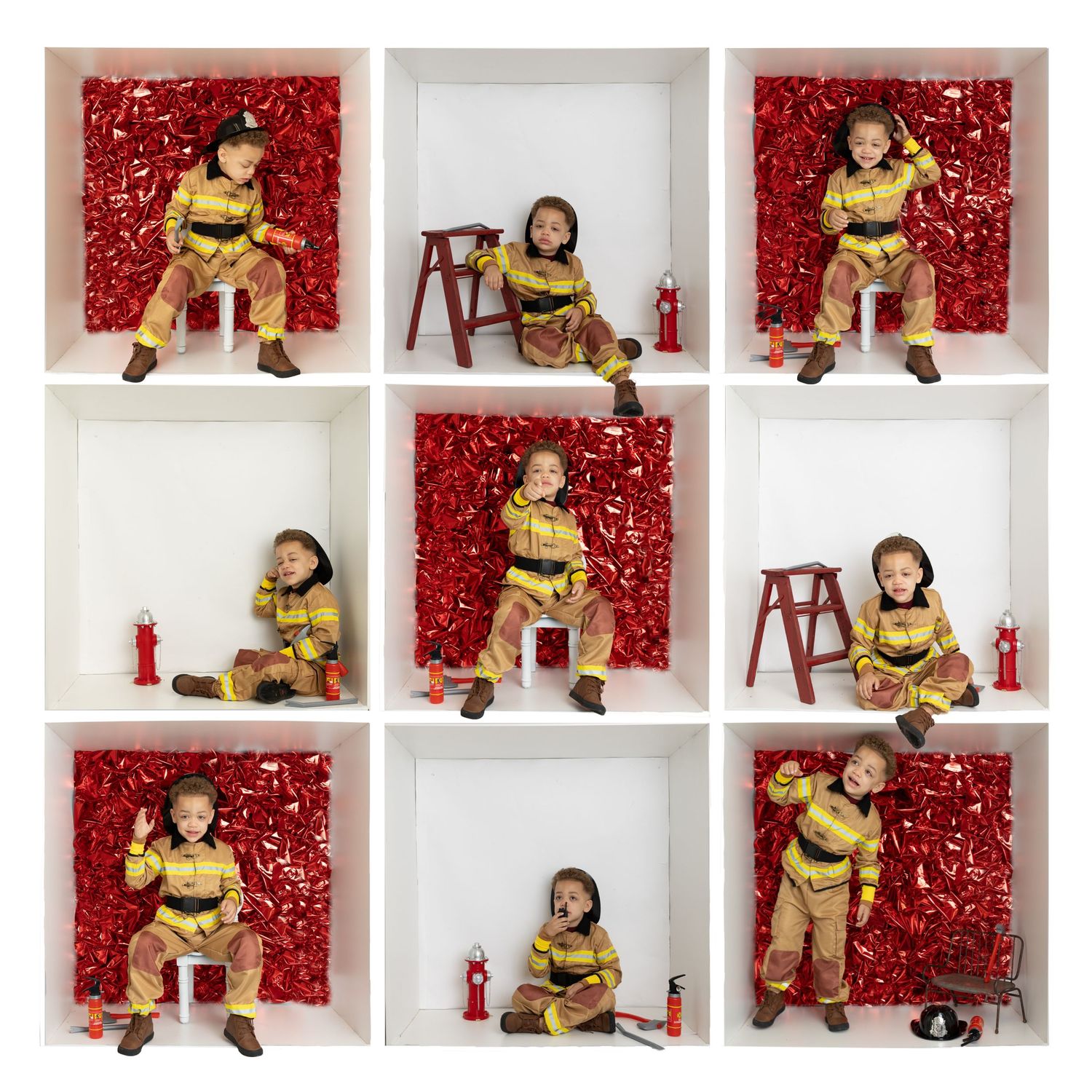 Nine photo grid showing firefighter themed portraits against red sparkle and white backgrounds.